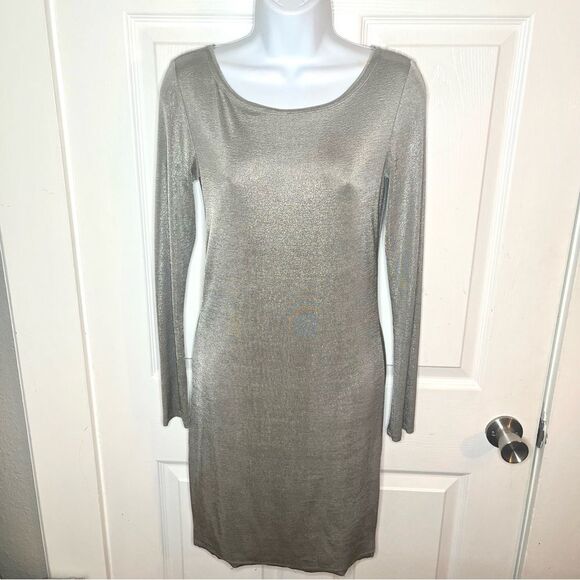 Alice + Olivia Champagne Silver Tabitha Bodycon Mini Dress Long Sleeve Shimmer S - Picture 3 of 10